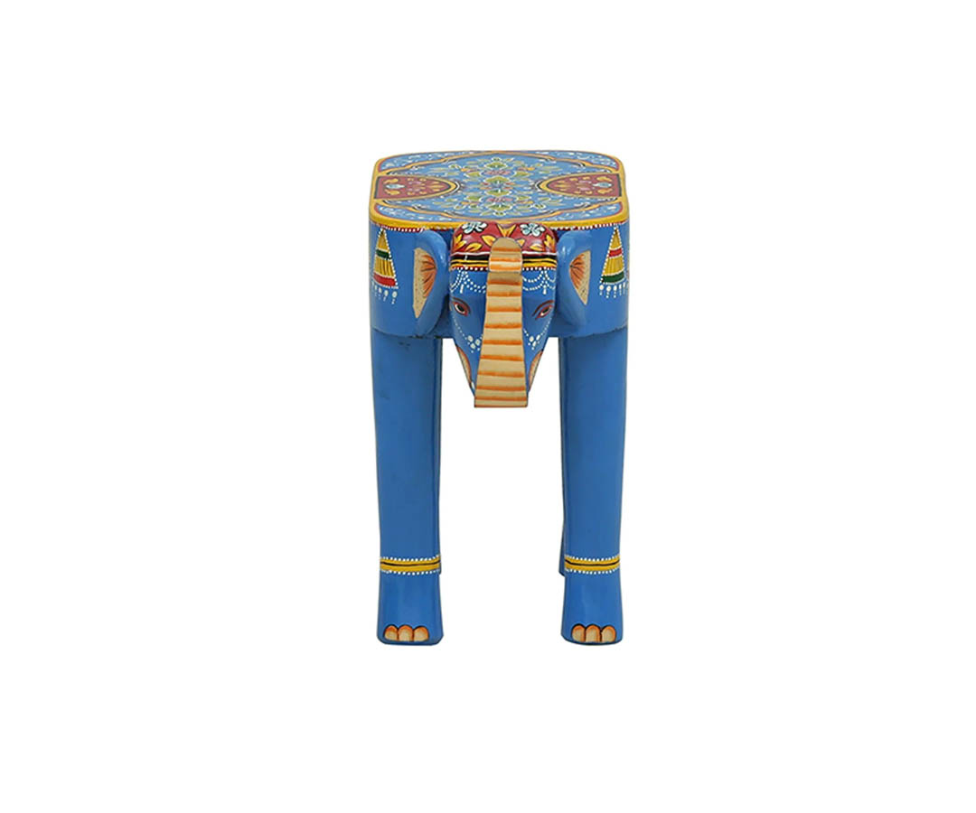 Hasthini Solid Wood Embossed End Table In Blue Colour