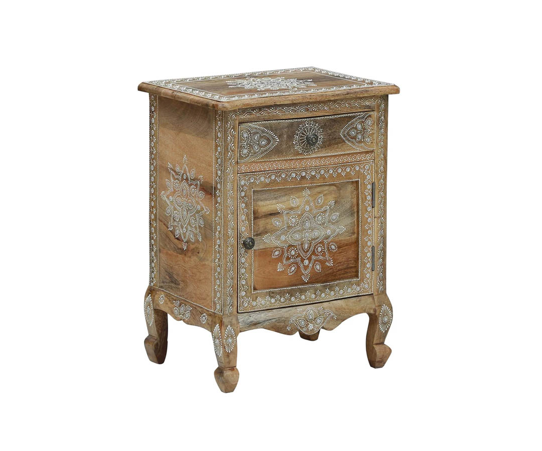 Anant Solid Wood Hand-Painted Bedside Cabinet In Natural Finish